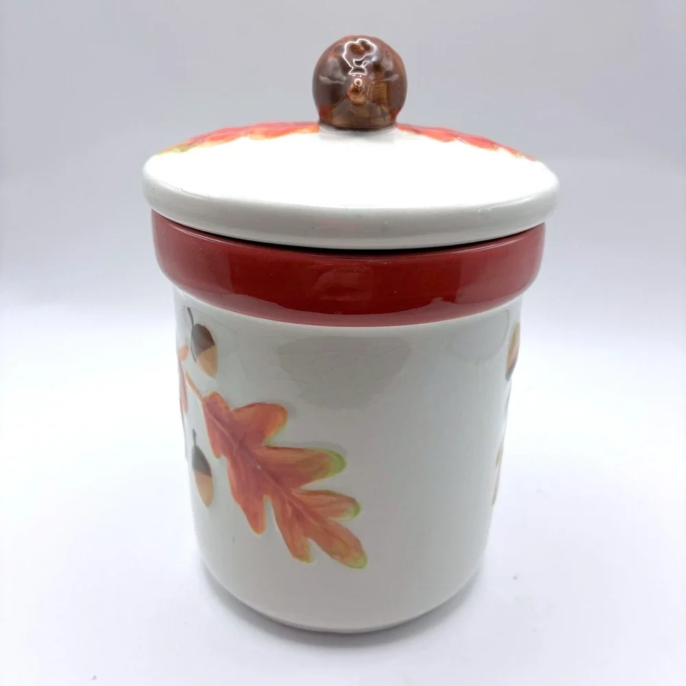 Ceramic Fall Canister 5.5in White Red Autumn Leaves Acorns Finial Lid